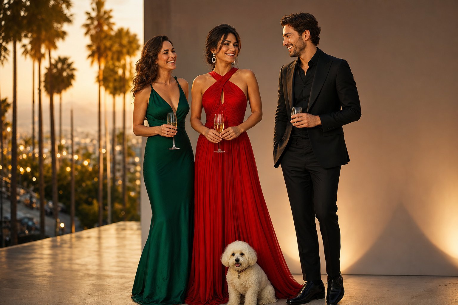 An elegant creator in a red gown celebrating with stylish friends and a small dog at a golden-hour Los Angeles photo event