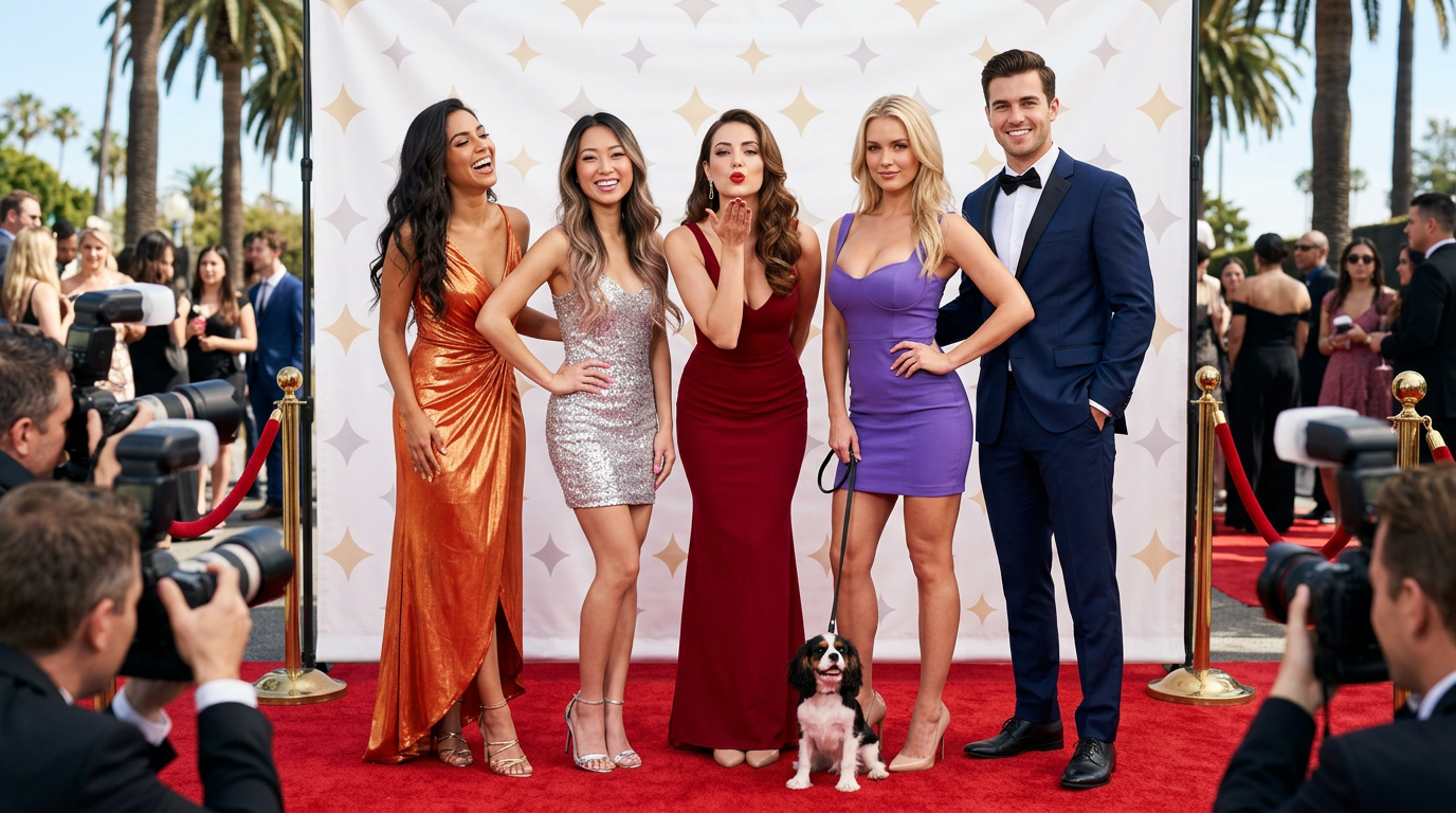 Influencer in a red gown blowing a kiss alongside stylish friends and a small dog at a Los Angeles red-carpet photo backdrop