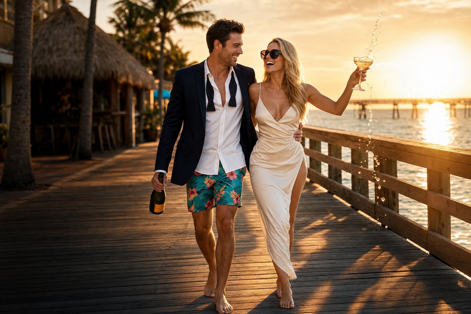 Gift.me — a stylish couple laughing with champagne on a golden-morning beach boardwalk, tuxedo jacket and boardshorts, champagne glass spilling in the sunlight