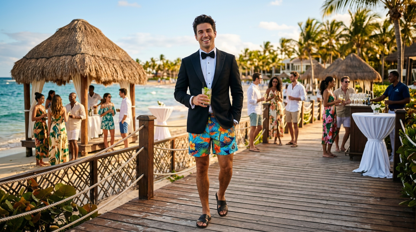 Gift.me &mdash; confident guy in tuxedo jacket and tropical board shorts leaving a beachside cocktail party