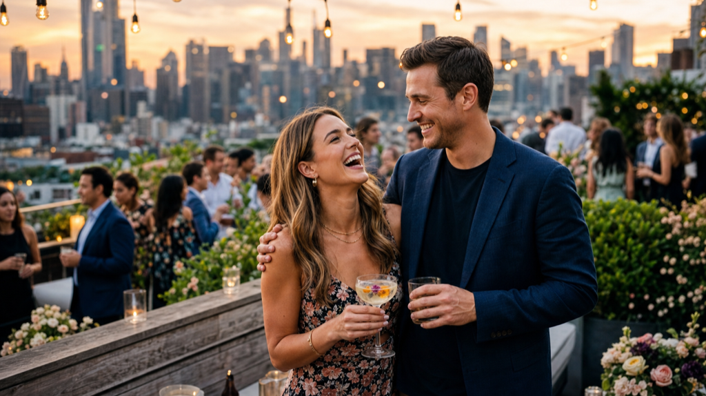 Gift.me social scene — a stylish couple laughing together at a rooftop cocktail party with the New York City skyline glowing at sunset