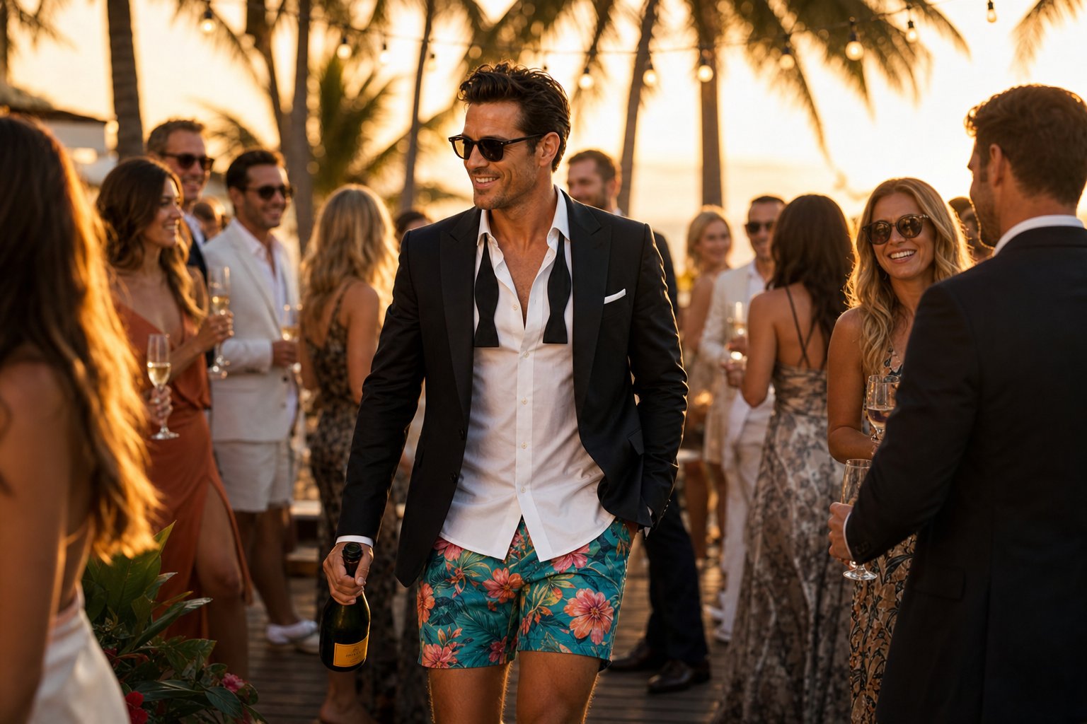 Gift.me — a confident man in a tuxedo jacket and tropical boardshorts arriving at a golden-hour beachside cocktail party with champagne